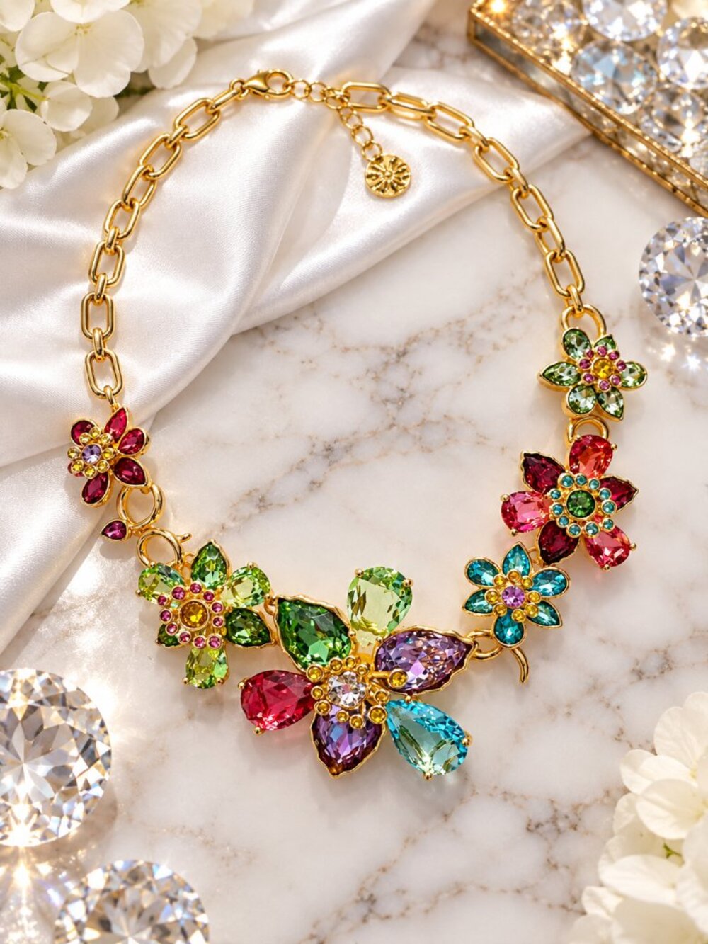 Multicolor Crystal Floral Statement Necklace Gold Tone Sparkling Flowers